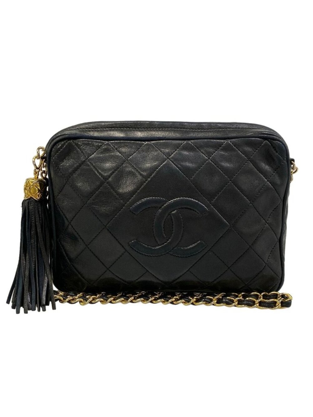 Chanel Shoulder Bag Quilted Black Gold Tassel Chain Lambskin